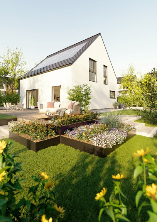 Ext_Einfamilienhaus_Flair_134_Novo_Panaoramaanbau_GardenView Massivhaus Flair 134 Novo steht auf einem schönen Grundstück. Symbolik für massiv gebaute Wohnträume.