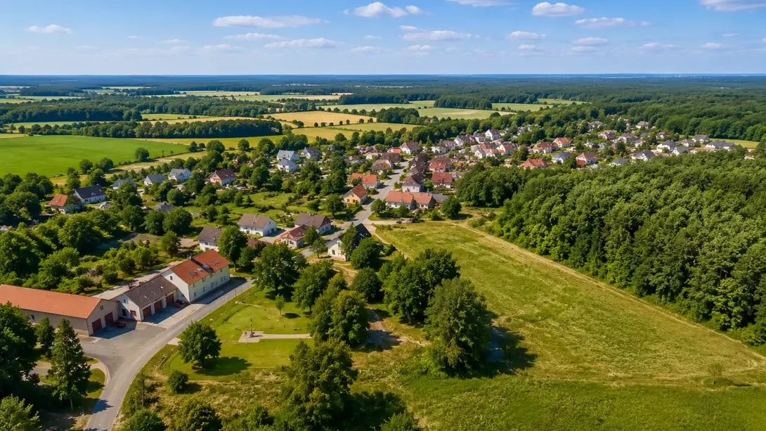 Luftaufnahme von Uthausen bei Kemberg mit naturnaher Wohnlage am Ortsrand, umgeben von Wiesen, Feldern und Wäldern der Dübener Heide.