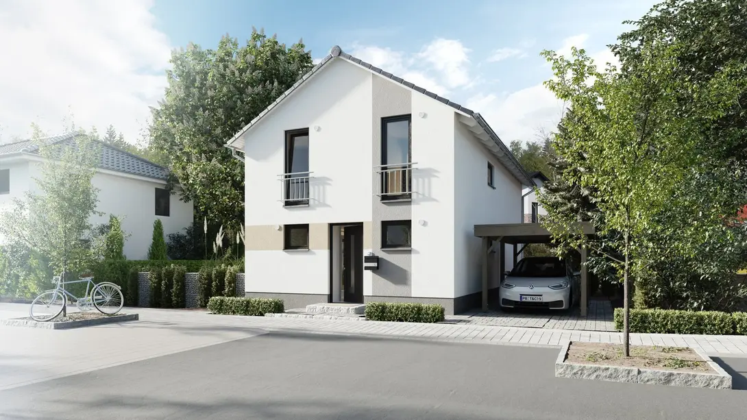 Modernes zweigeschossiges Einfamilienhaus mit Carport, Fahrrad und gepflegtem Garten in ruhiger Wohnsiedlung.