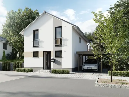 Modernes Einfamilienhaus mit weißer Fassade, Satteldach und Carport in einem ruhigen Wohngebiet – Beispiel für ein schlüsselfertiges Massivhaus mit Stellplatz.