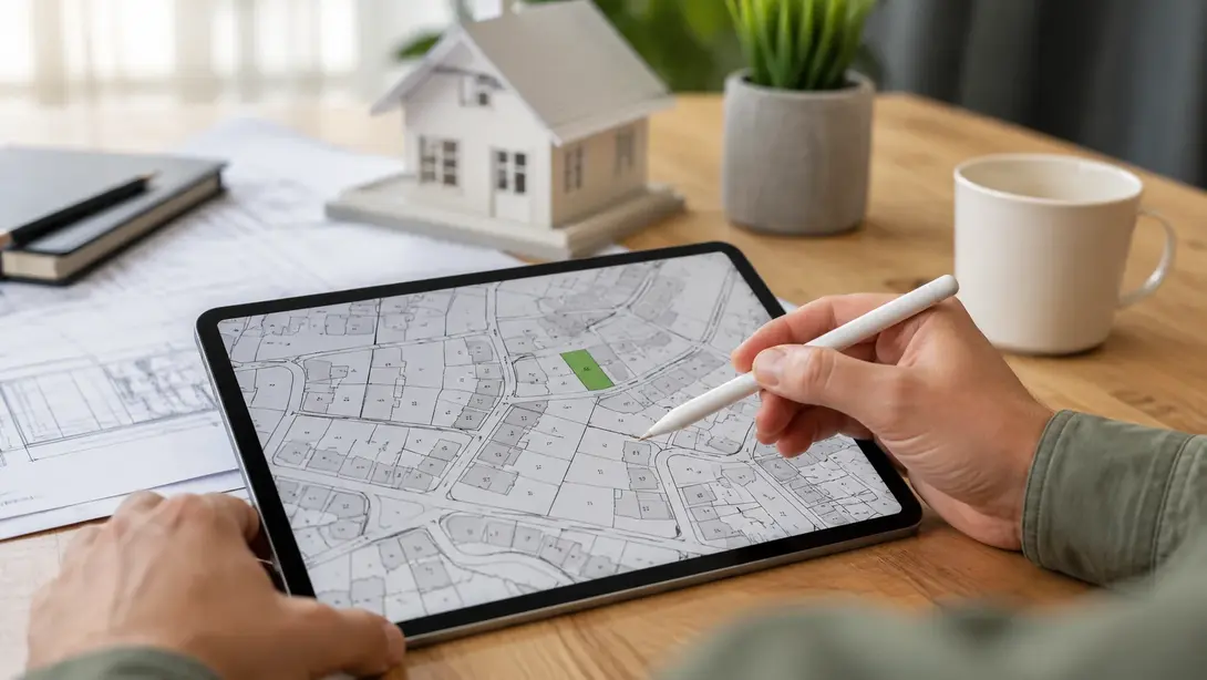 Person prüft auf einem Tablet den Lageplan eines Baugrundstücks und plant die Grundstücksauswahl für den Hausbau.