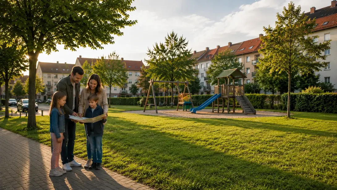 Familie mit Kindern betrachtet einen Lageplan in einem Wohngebiet mit Spielplatz – familienfreundliche Umgebung für den Hausbau in Lutherstadt Wittenberg.