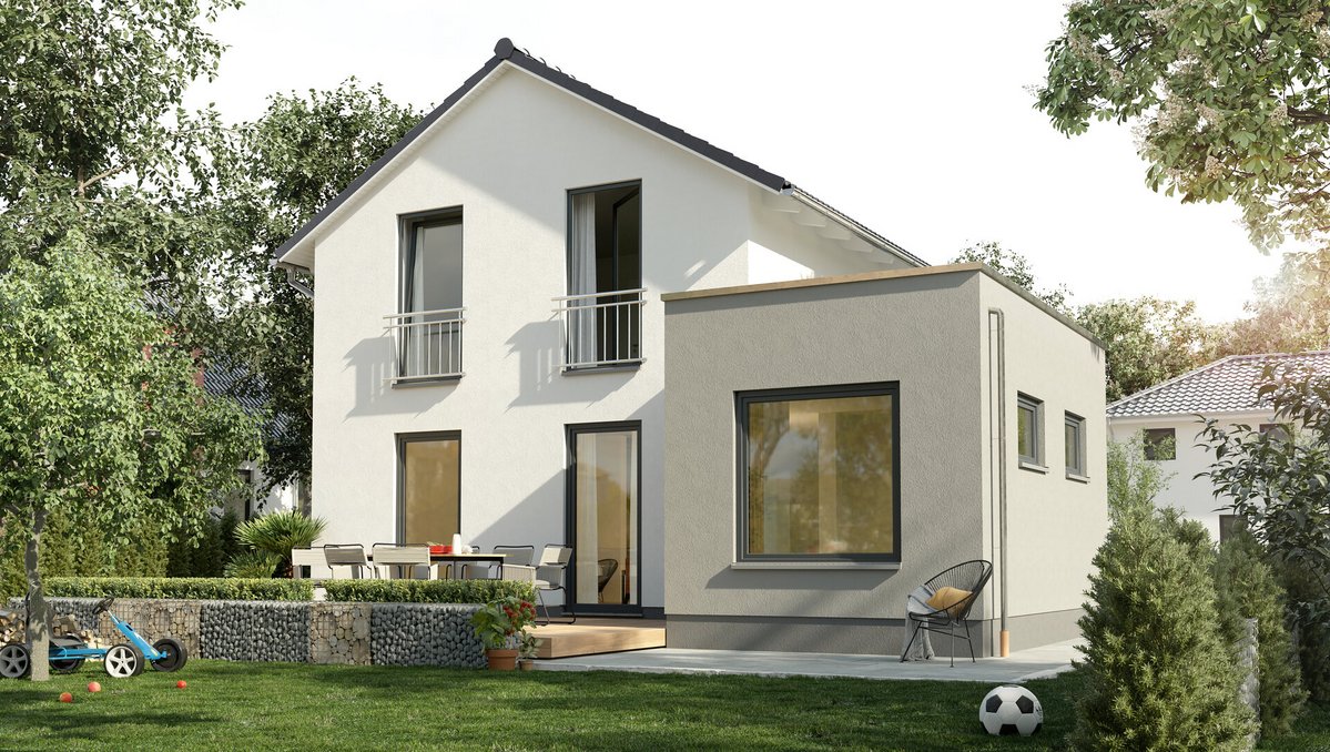 Einfamilienhaus-Aura-125-Kubus-Putz-Gartenansicht