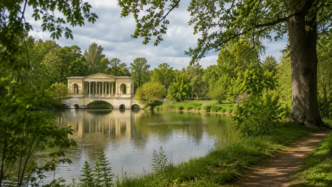 Blick auf das UNESCO-Gartenreich Dessau-Wörlitz mit naturnaher Parklandschaft, altem Baumbestand und historischem Schloss – harmonische Verbindung von Kultur und Natur nahe Oranienbaum.