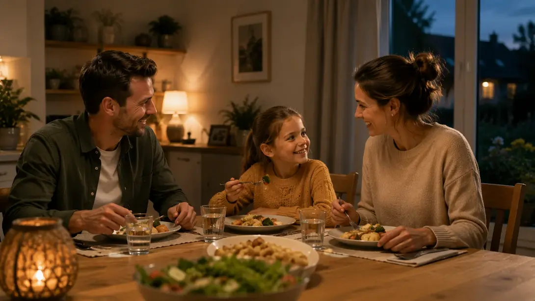 Familie mit einem Kind sitzt gemeinsam beim Abendessen im eigenen Zuhause und genießt den Alltag im Eigenheim.