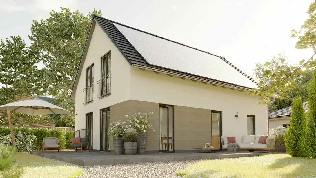 Ext_Einfamilienhaus_Bodensee_129_GardenView_Besenzug Modernes Einfamilienhaus mit Satteldach, großen Fenstern und Terrasse, umgeben von Garten und Sitzbereich in ruhiger Wohnlage.