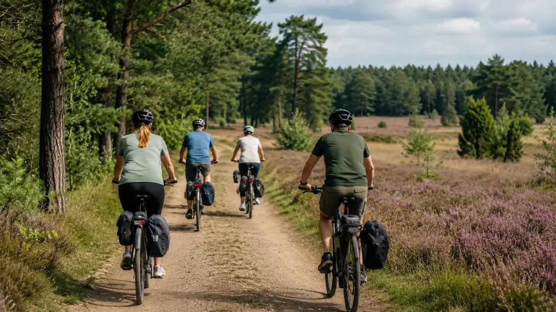 Menschen fahren mit dem Fahrrad durch die Glücksburger Heide auf einem naturbelassenen Waldweg zwischen Kiefern und Heideflächen.