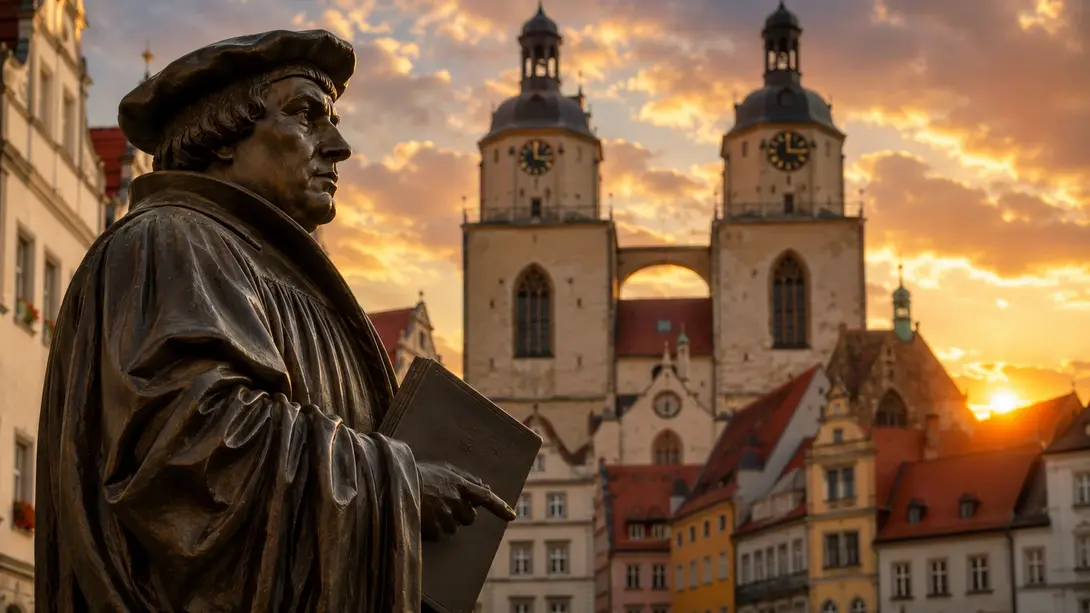 Statue von Martin Luther auf dem Marktplatz in Lutherstadt Wittenberg mit den historischen Lutherstätten im Hintergrund – Symbol der Reformation und des kulturellen Erbes der Stadt.
