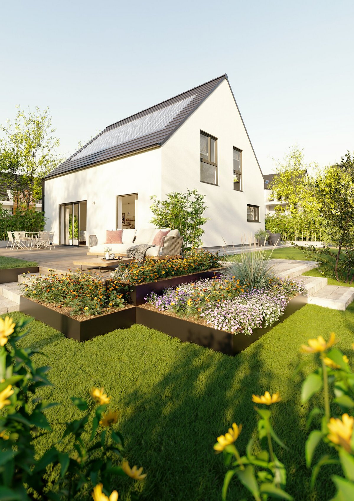 Ext_Einfamilienhaus_Flair_134_Novo_Panaoramaanbau_GardenView Massivhaus Flair 134 Novo steht auf einem schönen Grundstück. Symbolik für massiv gebaute Wohnträume.