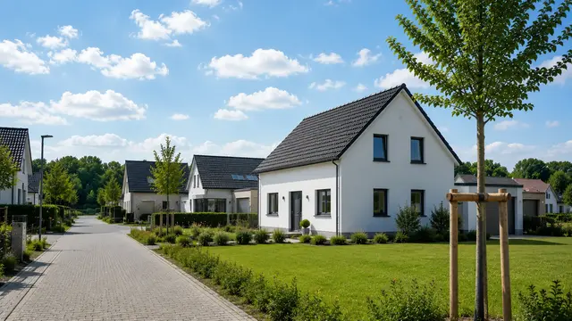 Modernes Einfamilienhaus an einer neu angelegten Wohnstraße mit angrenzender Freifläche im geplanten Wohngebiet Grüner Weg in Seyda unter sonnigem Himmel.