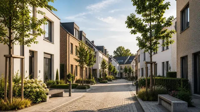Moderne Wohnhäuser entlang einer ruhigen, neu gestalteten Wohnstraße in der Lutherstadt Wittenberg mit begrünten Gehwegen und hochwertig angelegten Außenbereichen.